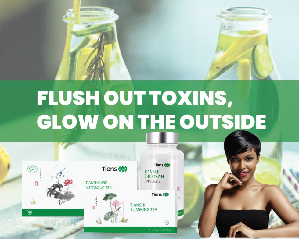 Health supplement products with a woman and text promoting detoxification.