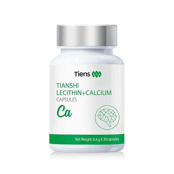 Bottle of Tiens Tianshi Lecithin+Calcium Capsules on a white background