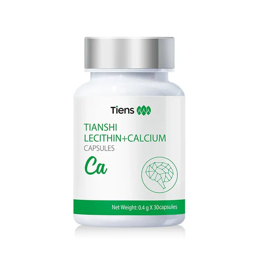 Bottle of Tiens Tianshi Lecithin+Calcium Capsules on a white background